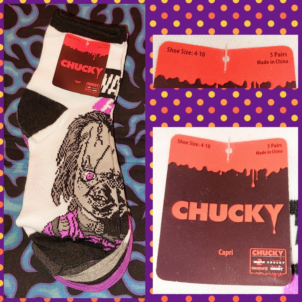 Universal Studios Chucky 5Prs of Purple/Multiclr Capri/Crew Socks Shoe Sz 4-10
